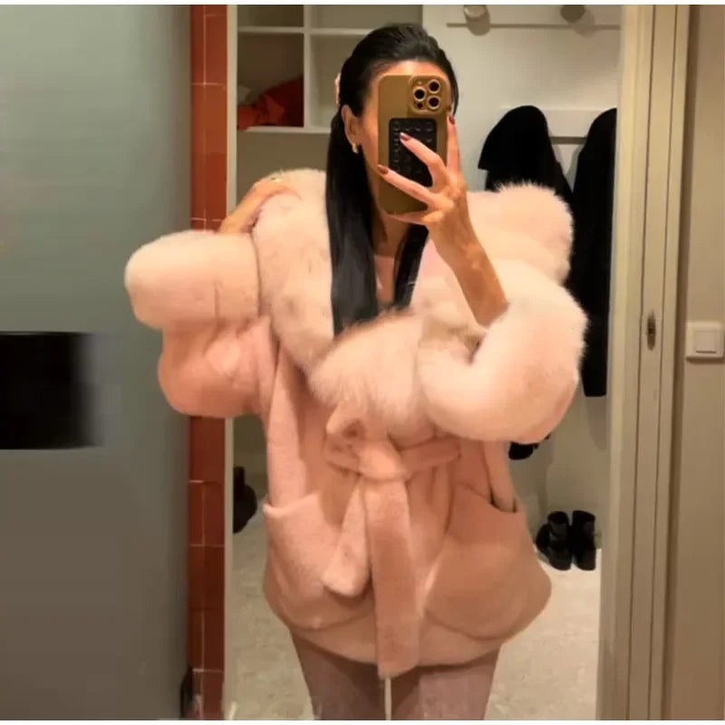 Elegant Hoody Faux Fur Women's Coat Loose Long Sleeve Pocket Warm Thicken Lady Coats 2025 Autumn Winter Chic Lady Streetwear