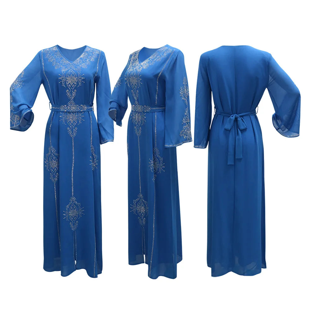2026 Saudi Arabia Dubai Fashion Diamond Dress Women Muslim Dresses Abaya Chiffon Robe Middle Eastern Women's Clothing Maxi Dress