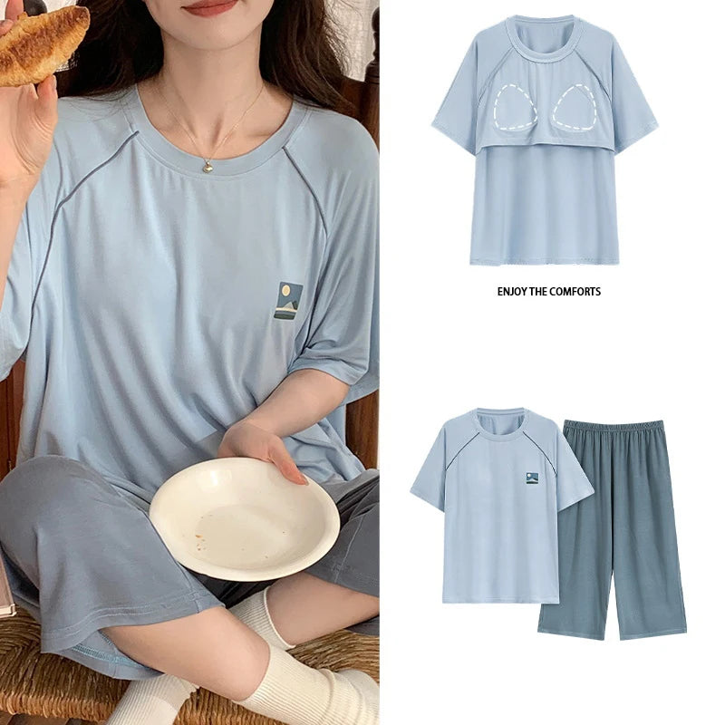 Female Loungewear Pijama Mujer Homewear Summer Nightwear Elegant Women's Pajama Sets Women With Breast Pad Femme Sleepwear