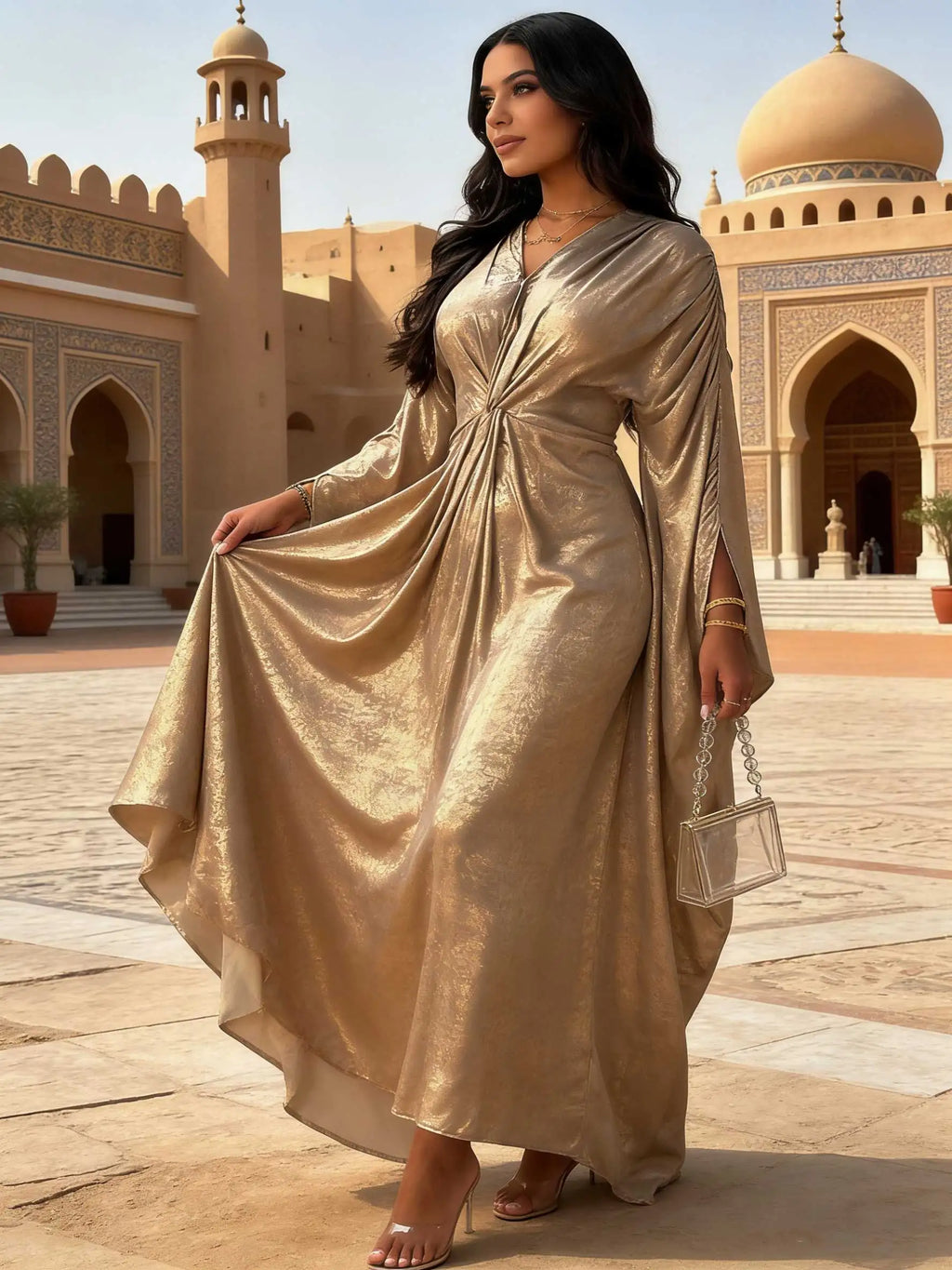 Elegant Golden Shiny Fabric V-Neck Twist Detail Batwing Sleeve Abaya Maxi Dress Women Muslim Moroccan Kaftan Ramadan Jalabiya