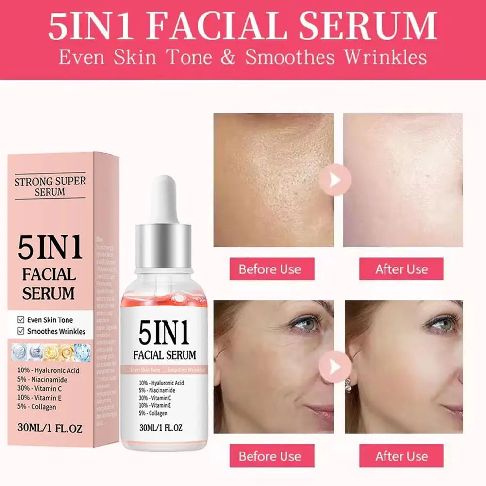 5-in-1 Face Serum Hyaluronic Acid, Niacinamide & Vitamin C Hydrating Brightening Serum for Women Skin Tone & Wrinkle Reduction