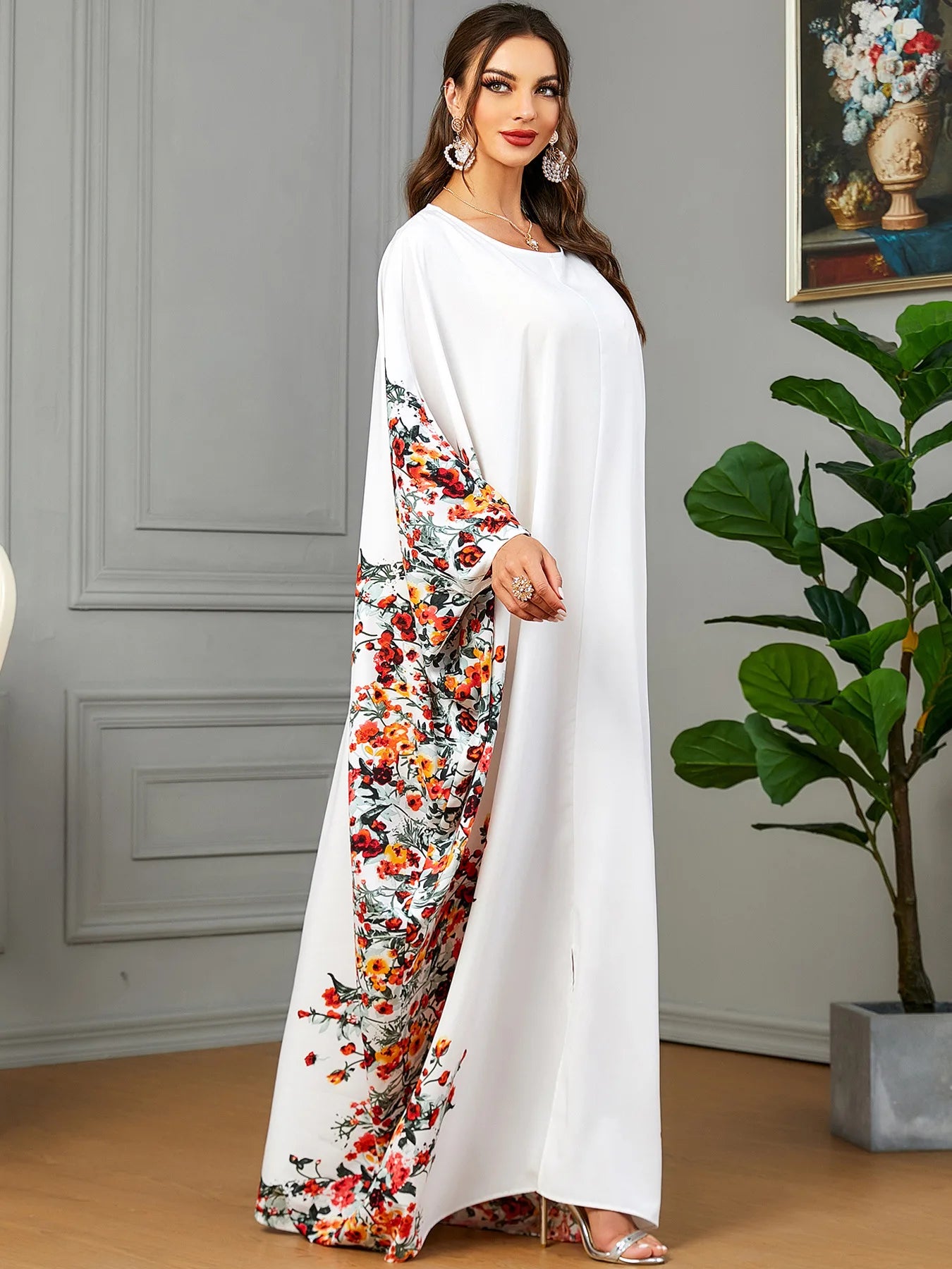Eid Muslim Party Dress for Women Ramadan Abaya Bat Sleeve Print Long Robe Morocco Kaftan Vestidos Largos Dubai Jalabiya 2024