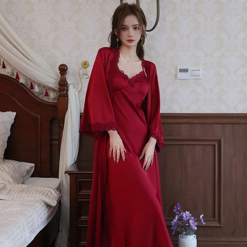 Sexy Ladies Silk Homewear French Pajamas Women's Spring And Fall Senior Ice Silk Extra-long Nightgown Wedding Bride Robe