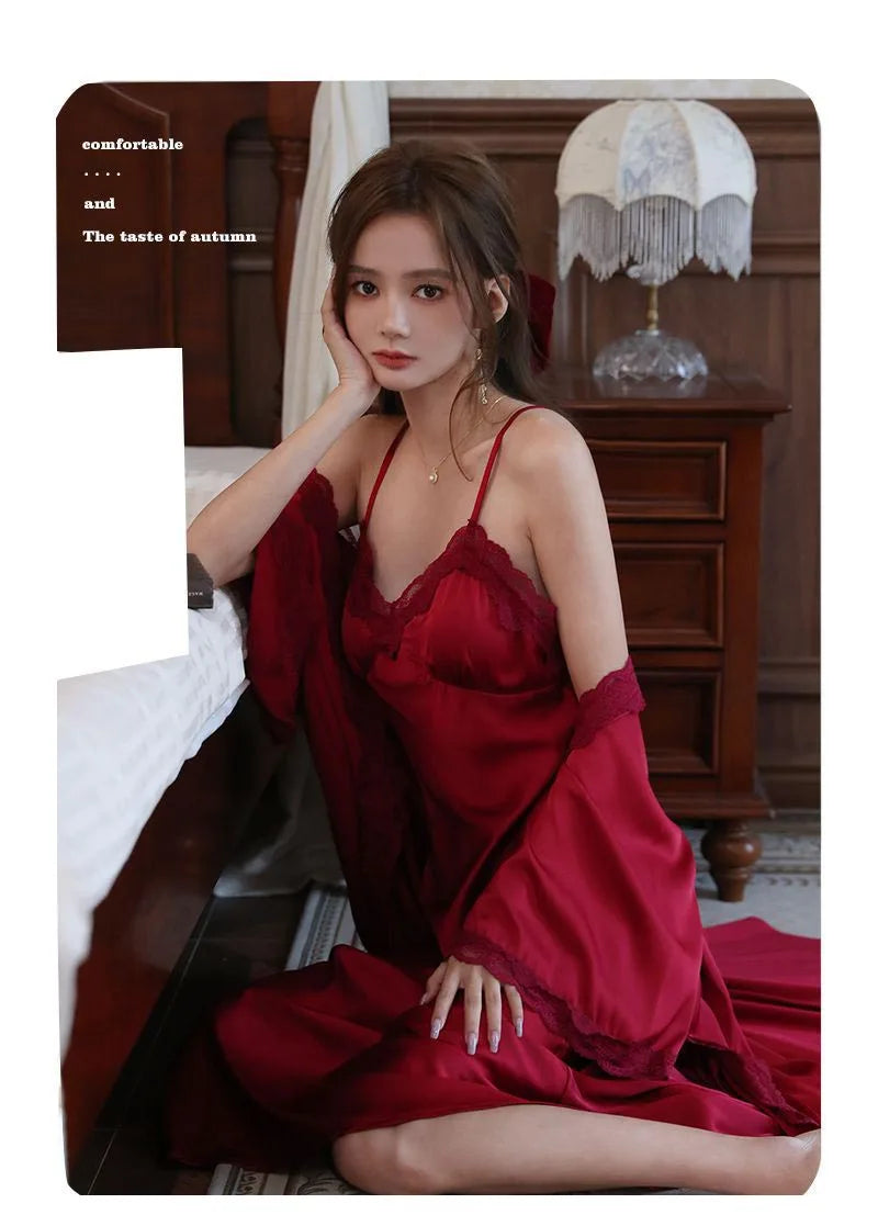 Sexy Ladies Silk Homewear French Pajamas Women's Spring And Fall Senior Ice Silk Extra-long Nightgown Wedding Bride Robe