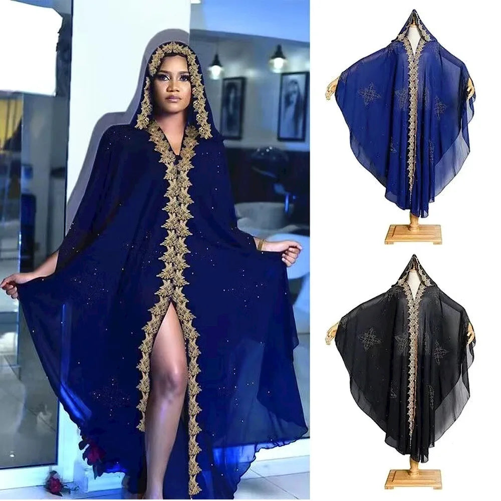Abaya New Fashion American European Women's Black Blue Loose Hooded Long Sleeve Ankle Length Embroideried Diamond Studded Dress