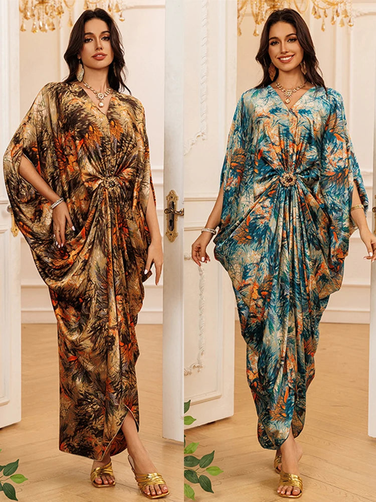 Eid Women Dress Muslim Abaya Print V Neck Party Jalabiya Ramadan Long Dresses Abayas Vestidos Largos Kaftan Arab Long Robe 2025