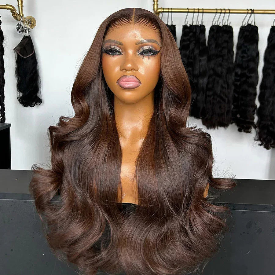Body Wave Chocolate Brown 13x6 Lace Front Wigs Human Hair Pre Plucked Brazilian Brown Virgin Hair 13x4 HD Frontal Wig 230density