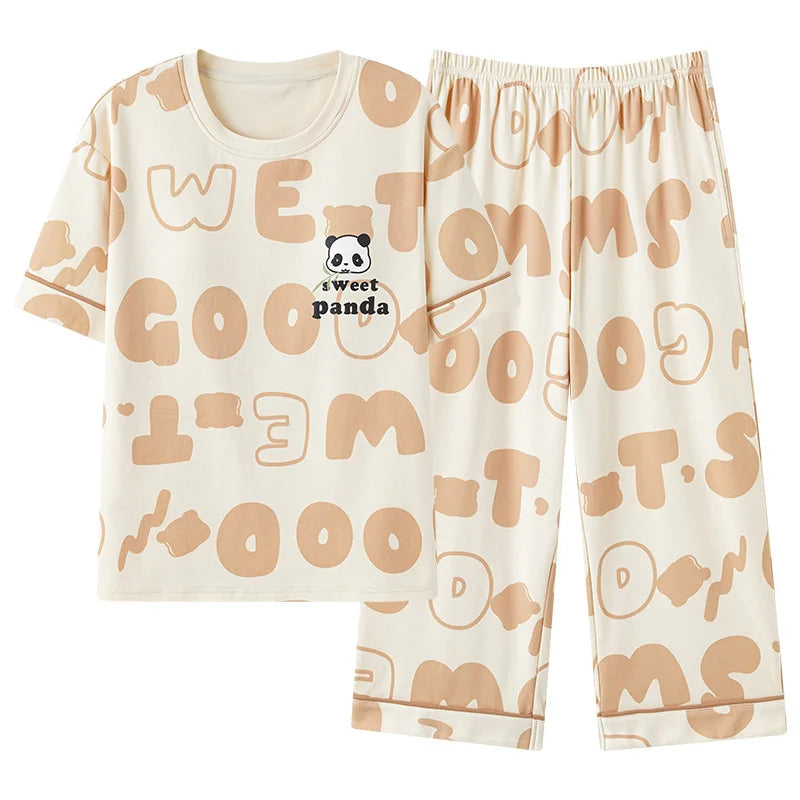 New Summer Pajamas Homewear Suit Women's Short-Sleeved Long Pants Ladies Large Size Loose Leisure Homewear Two-Piece Set