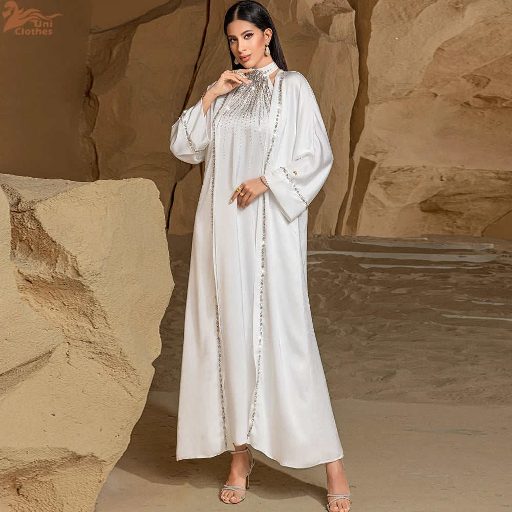 Ramadan White Dubai Satin Evening 2 Piece Set Abaya Muslim Prayer Clothes African Dresses For Women Robe Femme Musulmane Kaftan