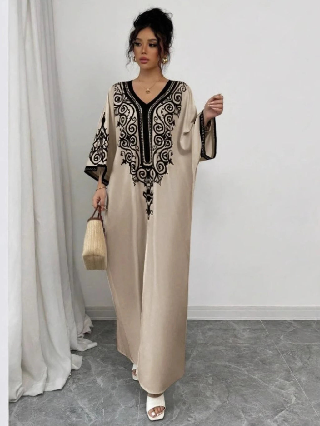 Eid Women Dress Muslim Abaya V Neck Loose Robe Party Jalabiya Ramadan Long Dresses  Vestidos Largos Kaftan Arab Morocco Kaftan