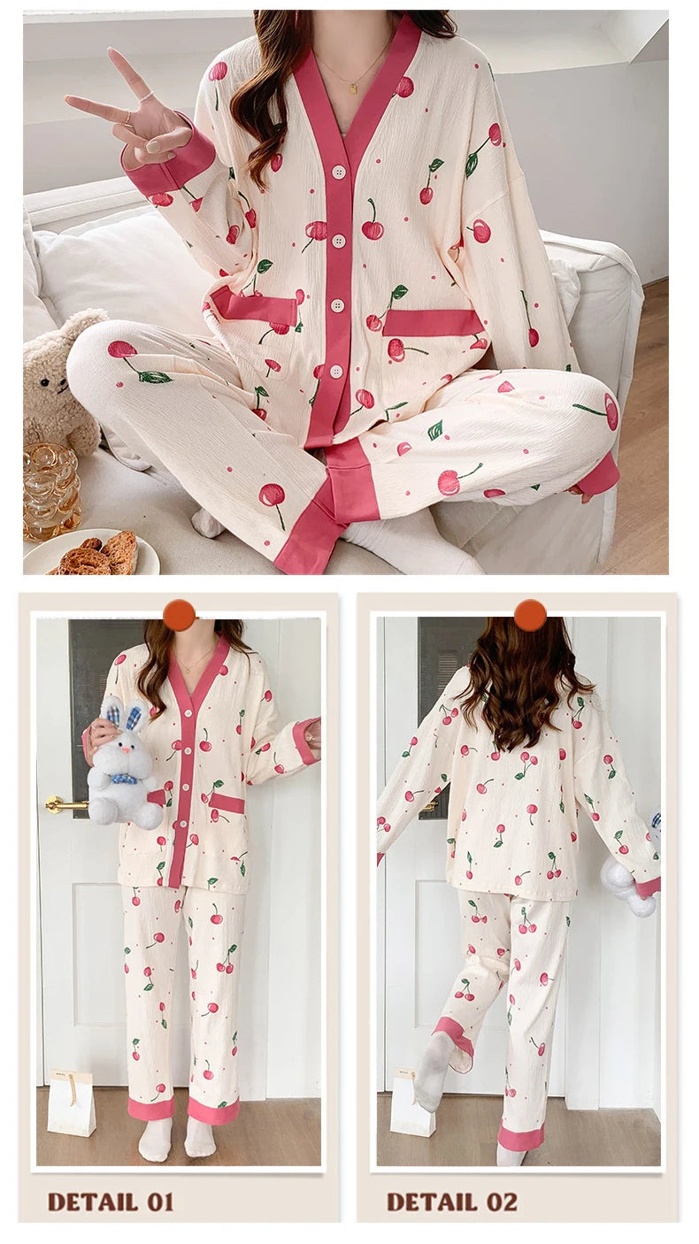 Sexy Pajamas Women's Long-sleeved Cotton Sleepwear Night Gown Home Clothes Pajamas Lounge Wear Loose Suit Home Service