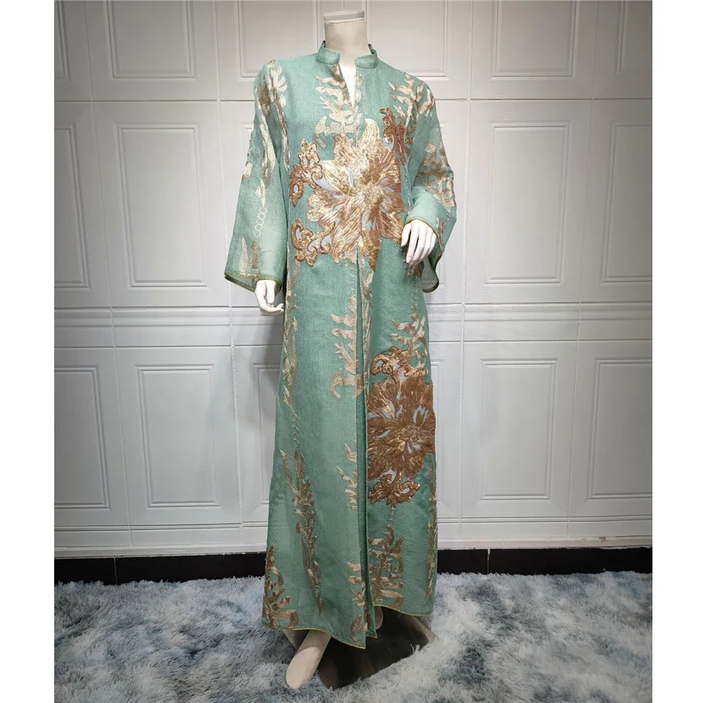 Muslim Abaya Dress Dubai Ramadan Sequins Floral Embroidered Moroccan Caftan Women Evening Gown Eid Djellaba Jalabiya Vestidos