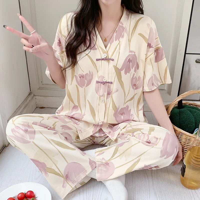 Summer Thin Short-sleeved Cotton Women's Pajama Set Nightwear Long Pants Womens Pajama Sets Sleepwear Lounge Home Fashion