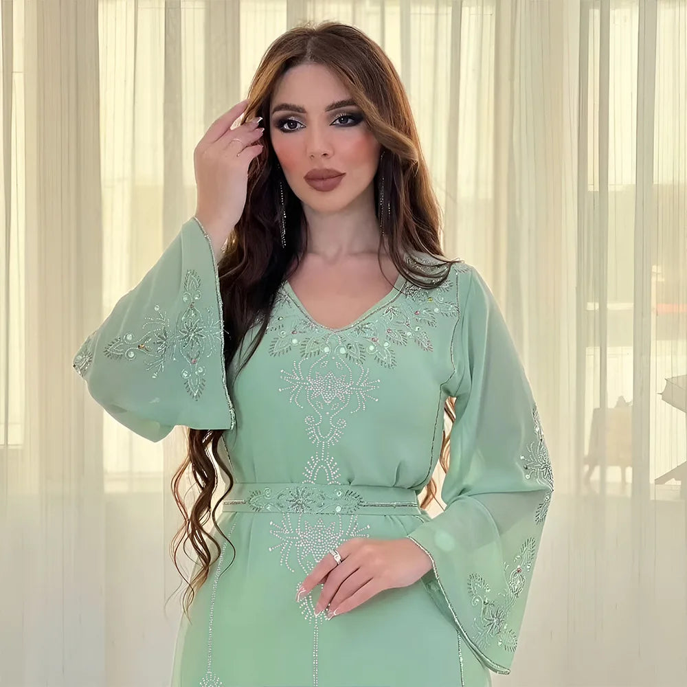 2026 Saudi Arabia Dubai Fashion Diamond Dress Women Muslim Dresses Abaya Chiffon Robe Middle Eastern Women's Clothing Maxi Dress