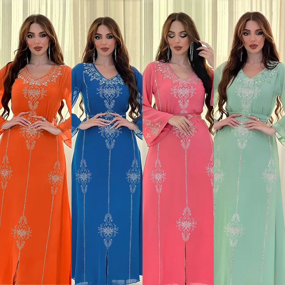2026 Saudi Arabia Dubai Fashion Diamond Dress Women Muslim Dresses Abaya Chiffon Robe Middle Eastern Women's Clothing Maxi Dress
