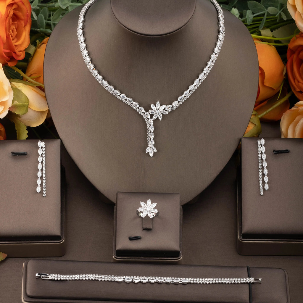 Fashion Cubic Zircon Leaf Pendant Necklace and Earrings Set 4PCS Bridal Wedding Jewelry Set for Women Gifts Bijoux  S-353