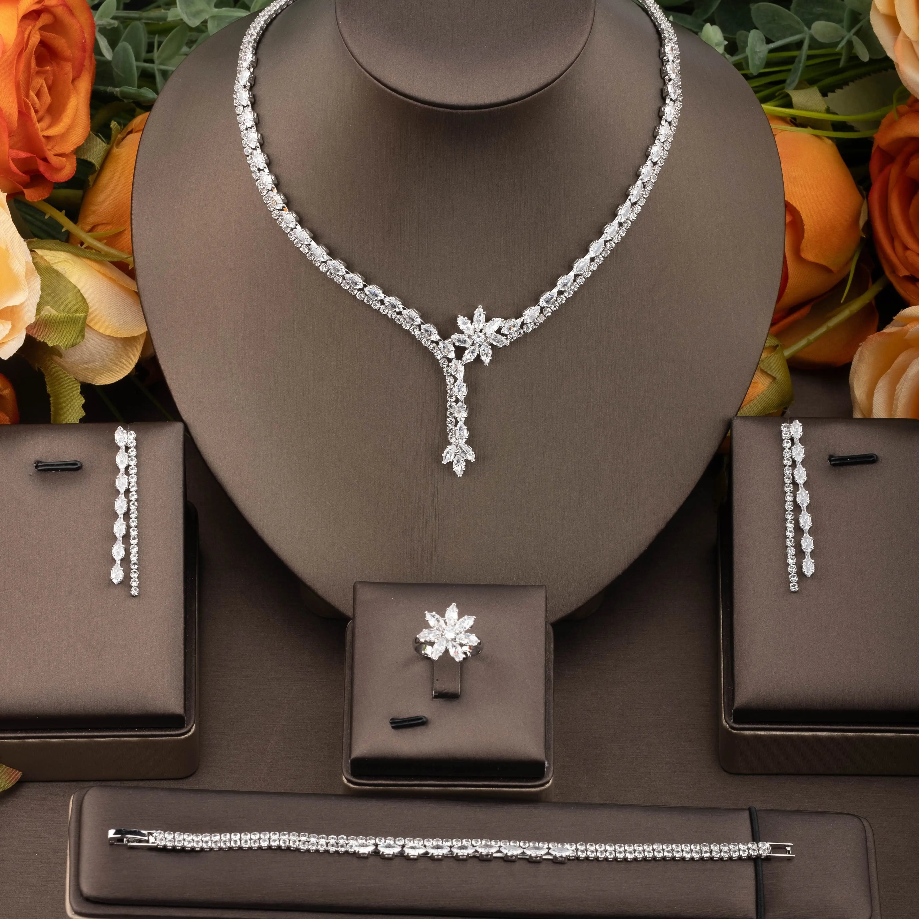 Fashion Cubic Zircon Leaf Pendant Necklace and Earrings Set 4PCS Bridal Wedding Jewelry Set for Women Gifts Bijoux  S-353