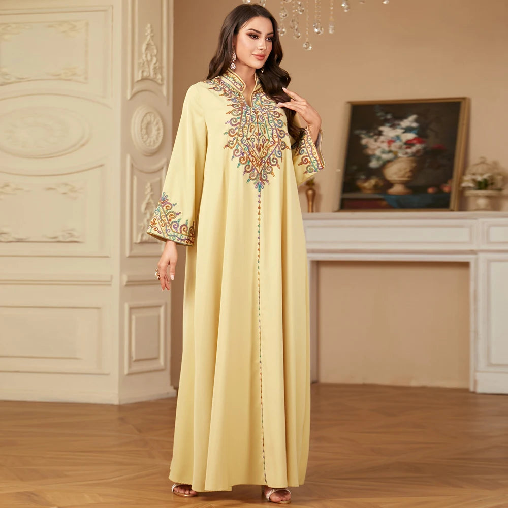 Uni Embroidery V-Neck Long Dress Dubai Arab Abaya For Muslim Woman Loose Moroccan Saudi Ethnic Jalabiya Fashion Robe 2026