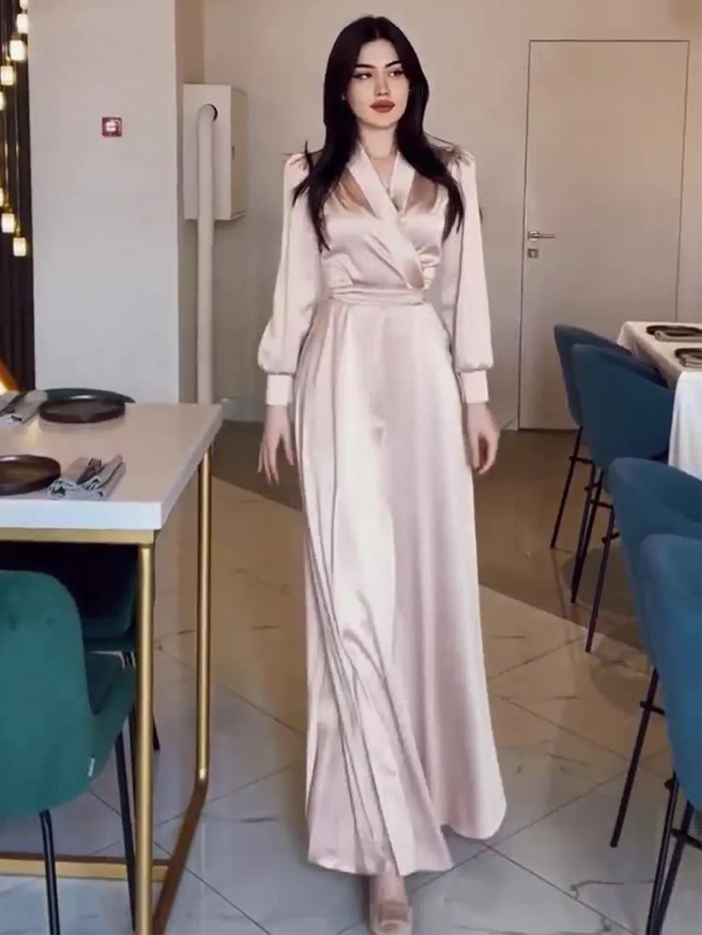 Women's Long Sleeve V-Neck Satin Dress Muslim Robe Dubai Abaya Turkey Party Gown Morocco Arab Clothes Modest Kaftan Fashion