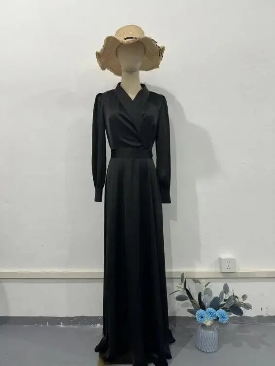 Women's Long Sleeve V-Neck Satin Dress Muslim Robe Dubai Abaya Turkey Party Gown Morocco Arab Clothes Modest Kaftan Fashion