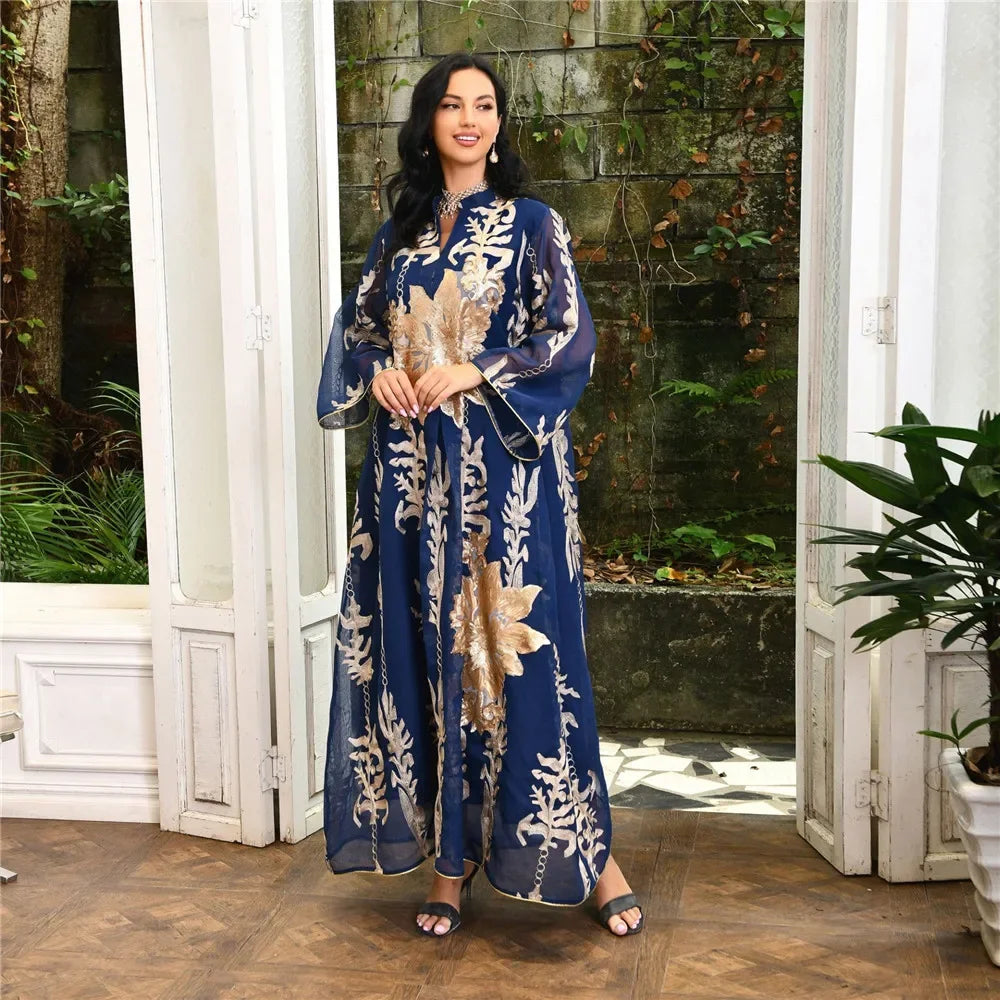 Muslim Abaya Dress Dubai Ramadan Sequins Floral Embroidered Moroccan Caftan Women Evening Gown Eid Djellaba Jalabiya Vestidos