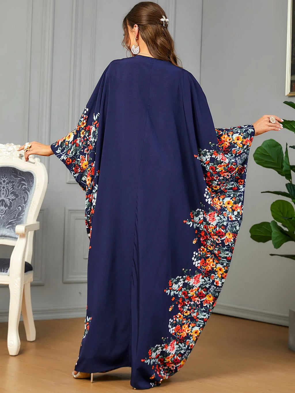Eid Muslim Party Dress for Women Ramadan Abaya Bat Sleeve Print Long Robe Morocco Kaftan Vestidos Largos Dubai Jalabiya 2024