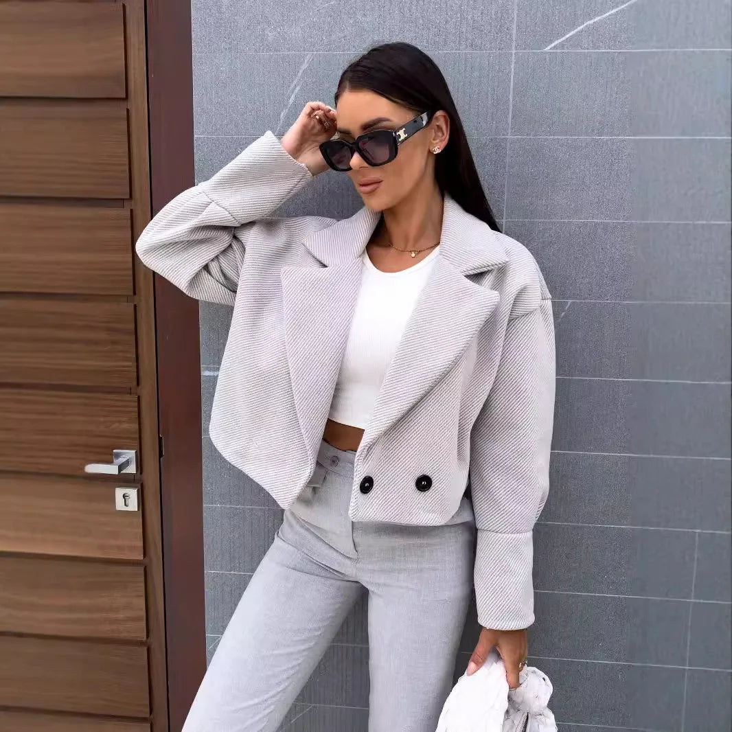 2024 autumn and winter fashion versatile suit collar solid colour short tweed jacket women