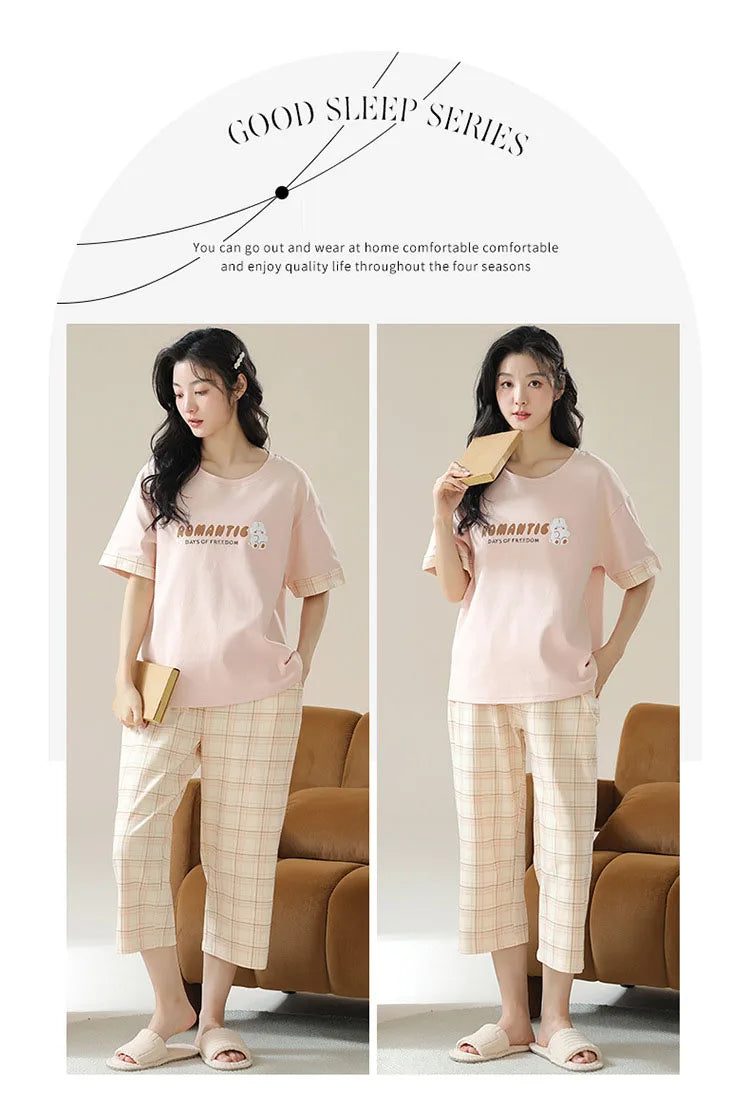 New Summer Pajamas Homewear Suit Women's Short-Sleeved Long Pants Ladies Large Size Loose Leisure Homewear Two-Piece Set