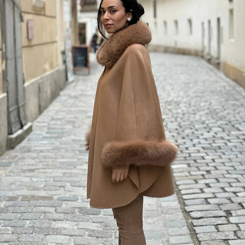 Elegant Fur Patchwork Shawl Coat Women Khaki Woolen Long Sleeve Lapel Open Stitch Loose Coats 2025 Fashion Autumn Winter Outwear