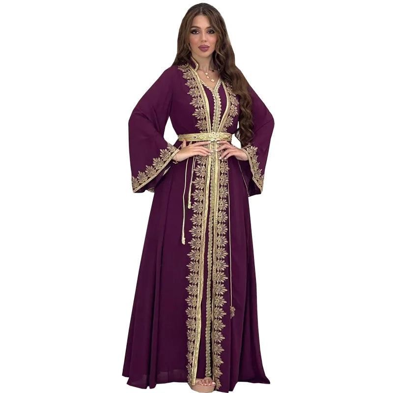 Dress Suit Women Eid Muslim Abaya Party Dresses 2 Piece Sets Embroidery Sashes Ramadan Dubai Kaftan Vestidos Jalabiya Long Robe