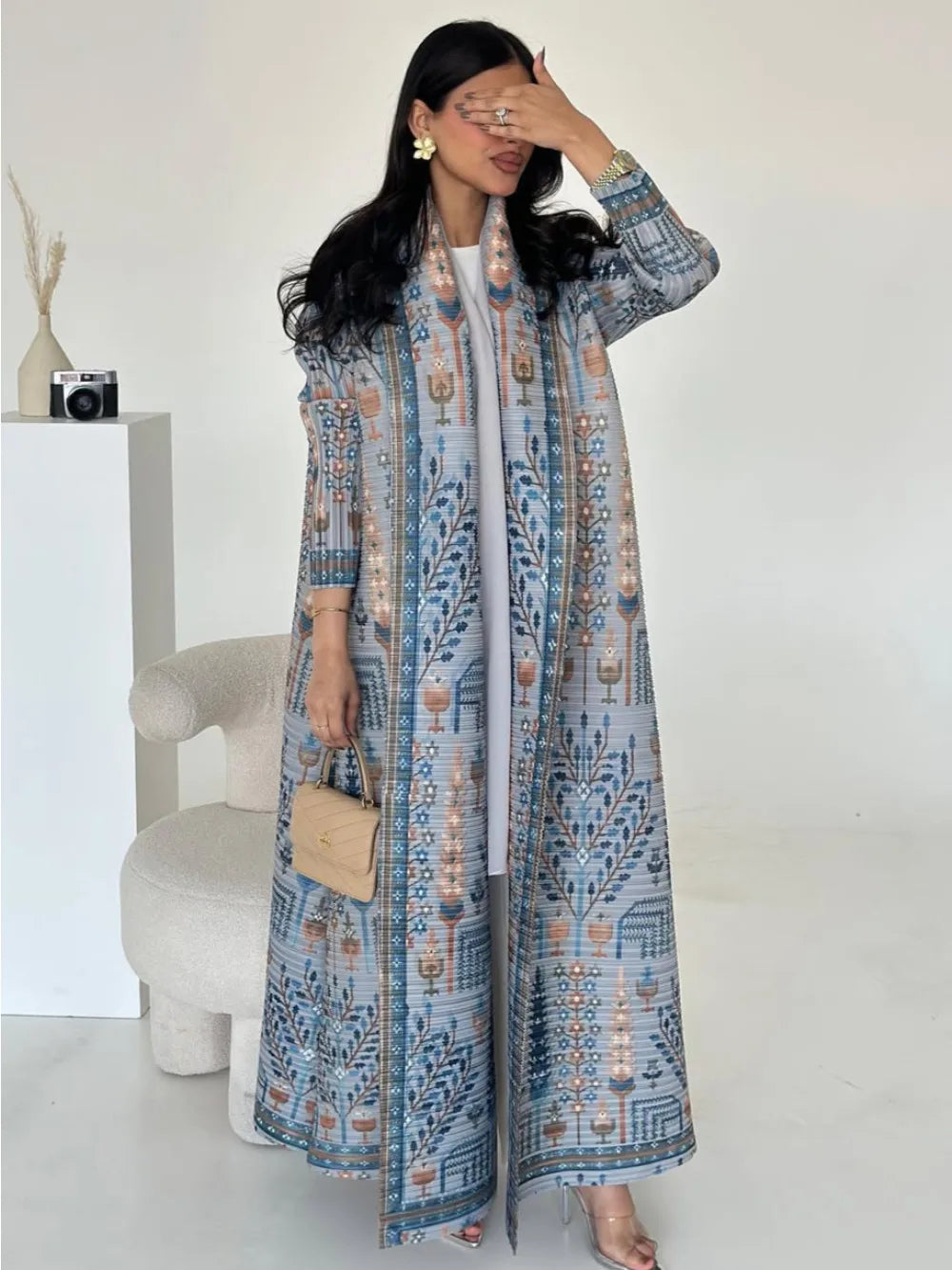 Eid Muslim Dress for Women Abaya Ramadan Print Pleated Cardigan Jalabiya Party Long Robe Morocco Dubai Kaftan Vestidos Largos