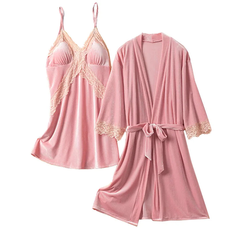 Pajama Set Woman Thick Flannel Velvet Female Fall Sexy Lace Long-sleeved Suit With Corset Pads Sling Nightgown Robe Homewear