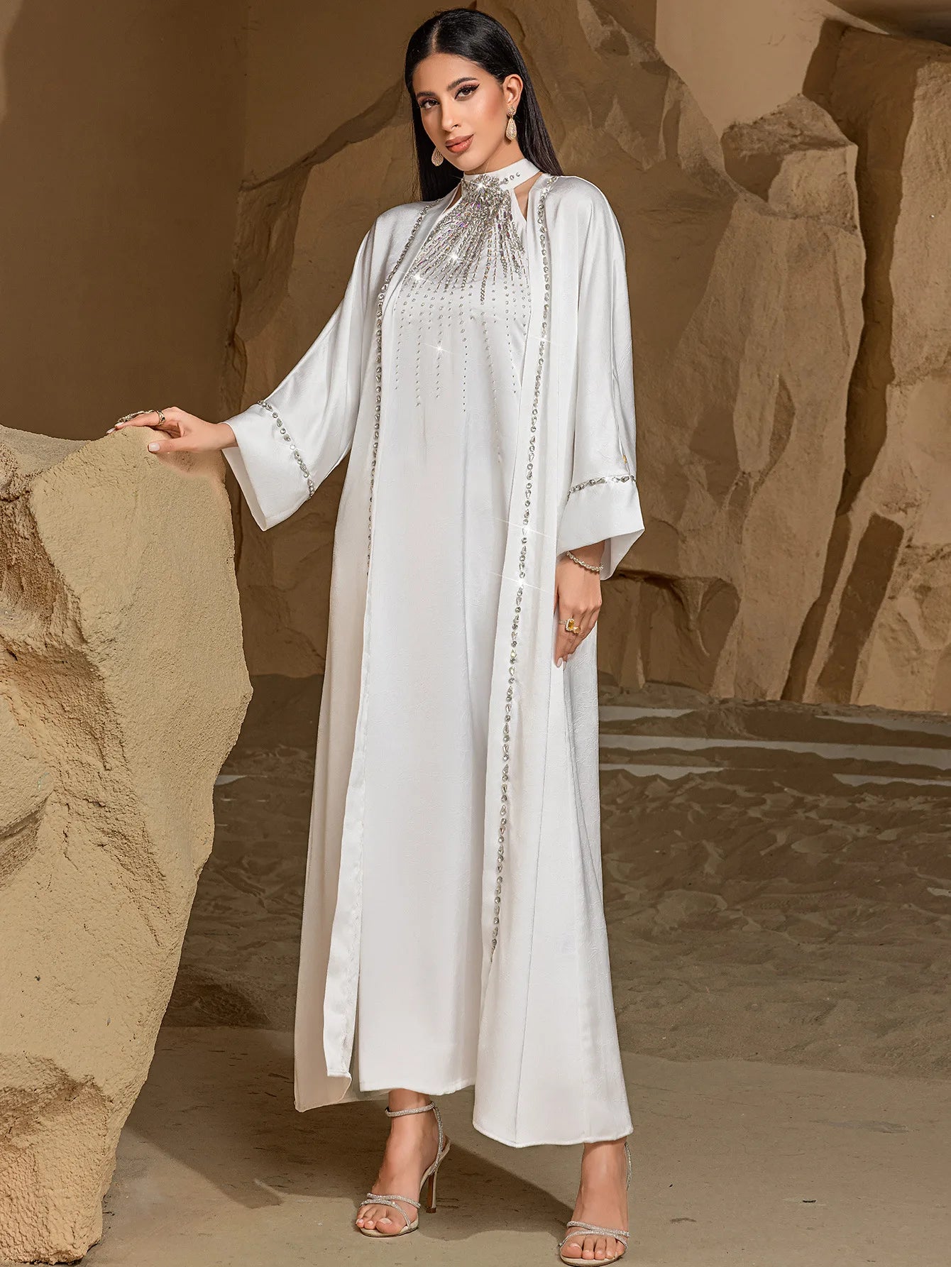 Ramadan White Dubai Satin Evening 2 Piece Set Abaya Muslim Prayer Clothes African Dresses For Women Robe Femme Musulmane Kaftan
