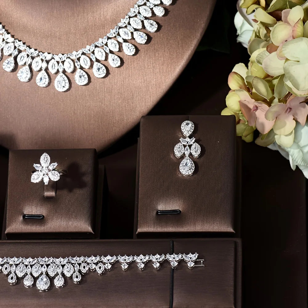 Nigeria White Gold Color Cubic Zirconia Bridal Wedding Jewelry Set Water Drop Shape 4PCS Necklace Earring Set Bijoux S-348
