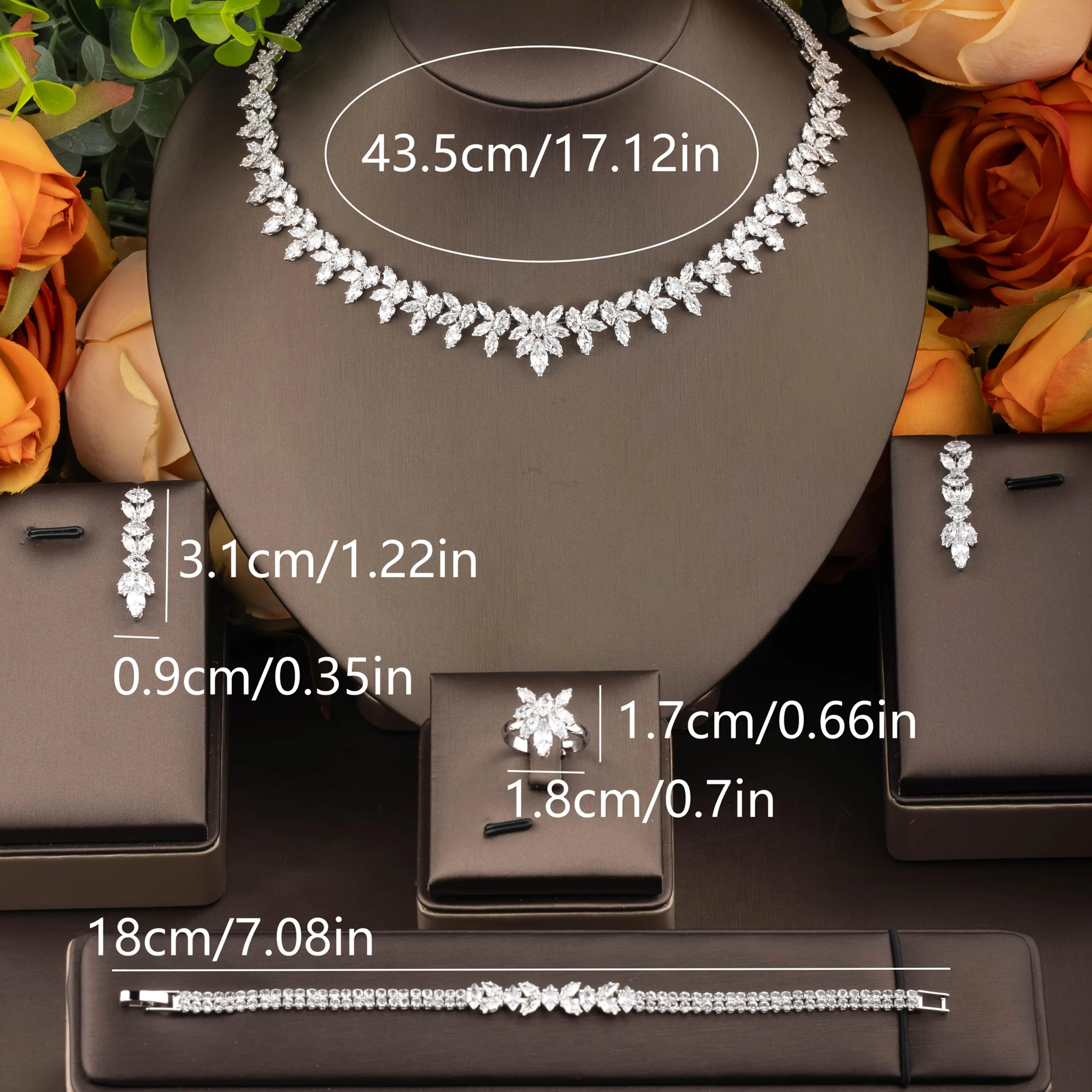 Fashion Cubic Zircon Leaf Pendant Necklace and Earrings Set 4PCS Bridal Wedding Jewelry Set for Women Gifts Bijoux  S-353