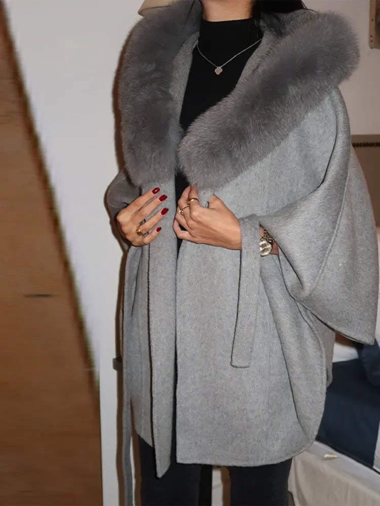 Elegant Fur Shawl Women's Coat Long Sleeve Patchwork Woolen Lace Up V-neck Solid Female Coats 2025 Autumn Winter Lady Jackets