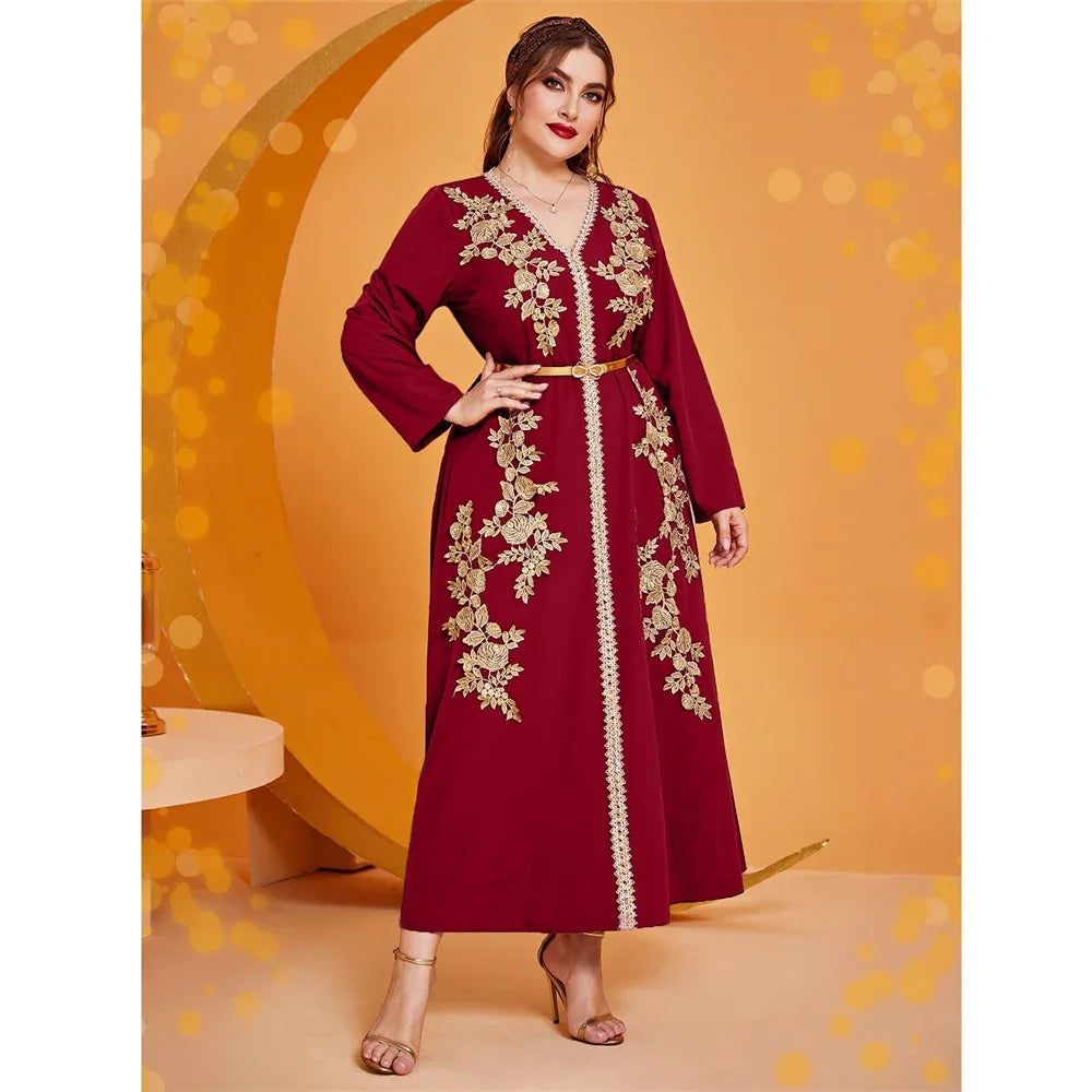 Women Fashion Muslim Embroidery Maxi Dress Belted Kaftan Marocain Abaya Dubai Gown Turkey Femme Caftan Ramadan Eid Jalabiya Robe