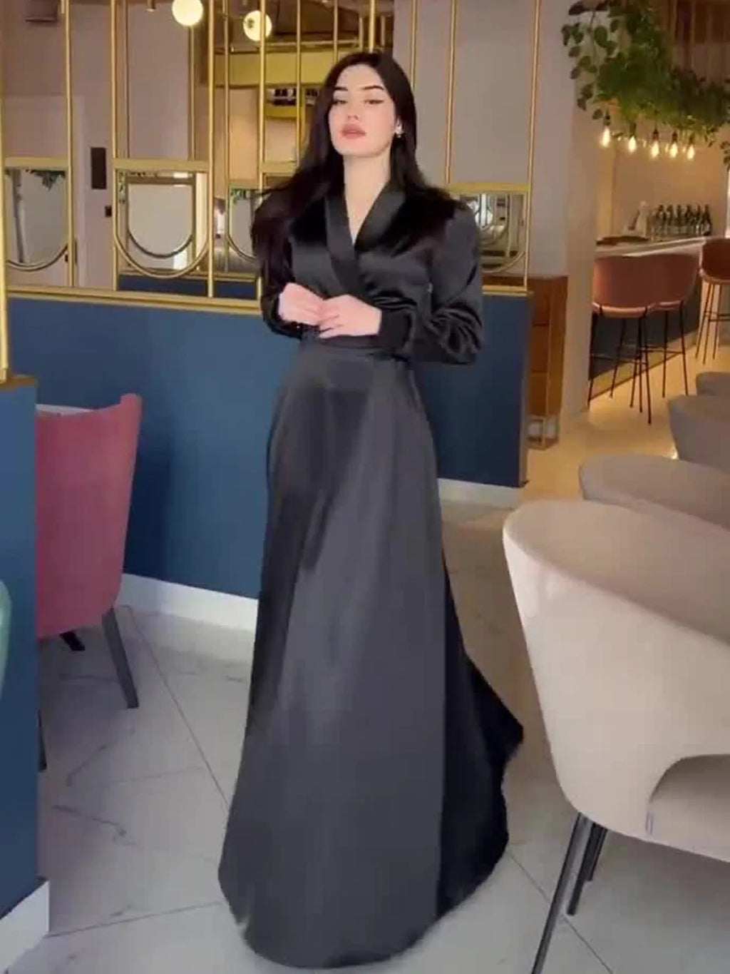 Women's Long Sleeve V-Neck Satin Dress Muslim Robe Dubai Abaya Turkey Party Gown Morocco Arab Clothes Modest Kaftan Fashion