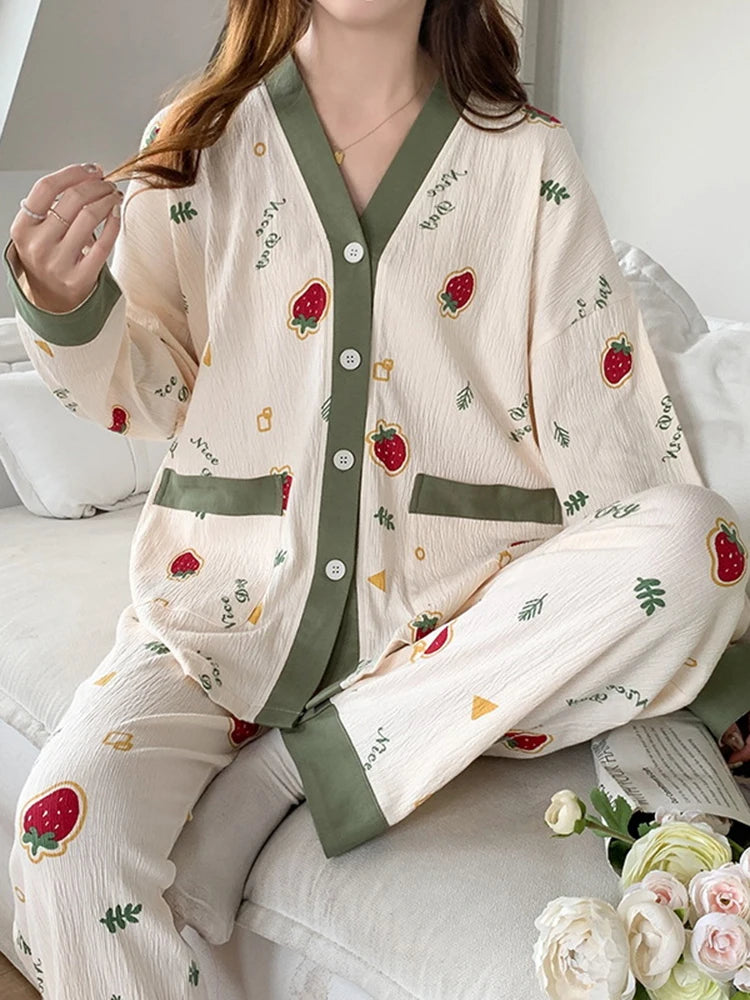 Sexy Pajamas Women's Long-sleeved Cotton Sleepwear Night Gown Home Clothes Pajamas Lounge Wear Loose Suit Home Service