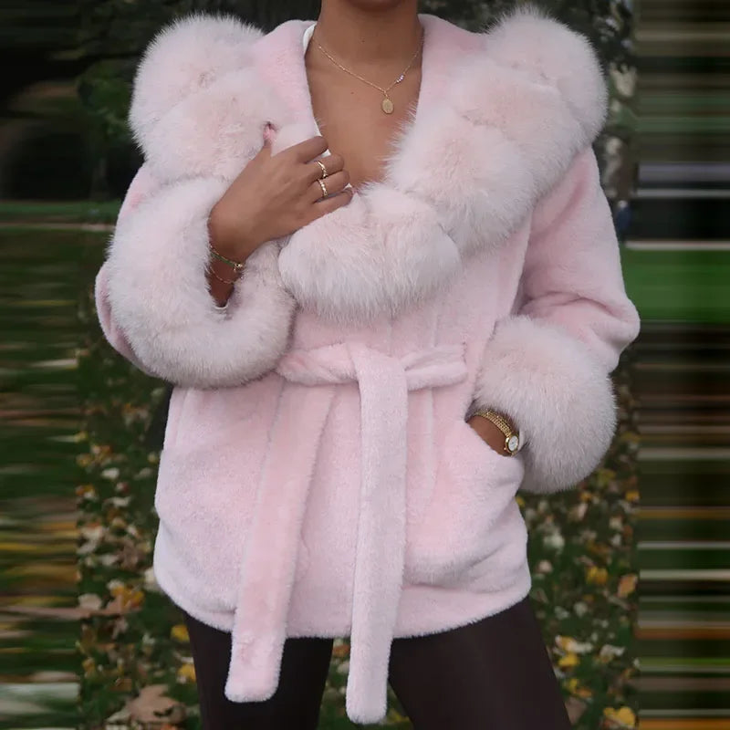 Elegant Hoody Faux Fur Women's Coat Loose Long Sleeve Pocket Warm Thicken Lady Coats 2025 Autumn Winter Chic Lady Streetwear