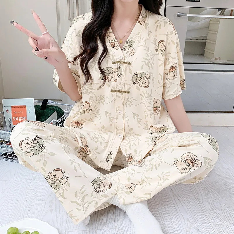 Summer Thin Short-sleeved Cotton Women's Pajama Set Nightwear Long Pants Womens Pajama Sets Sleepwear Lounge Home Fashion