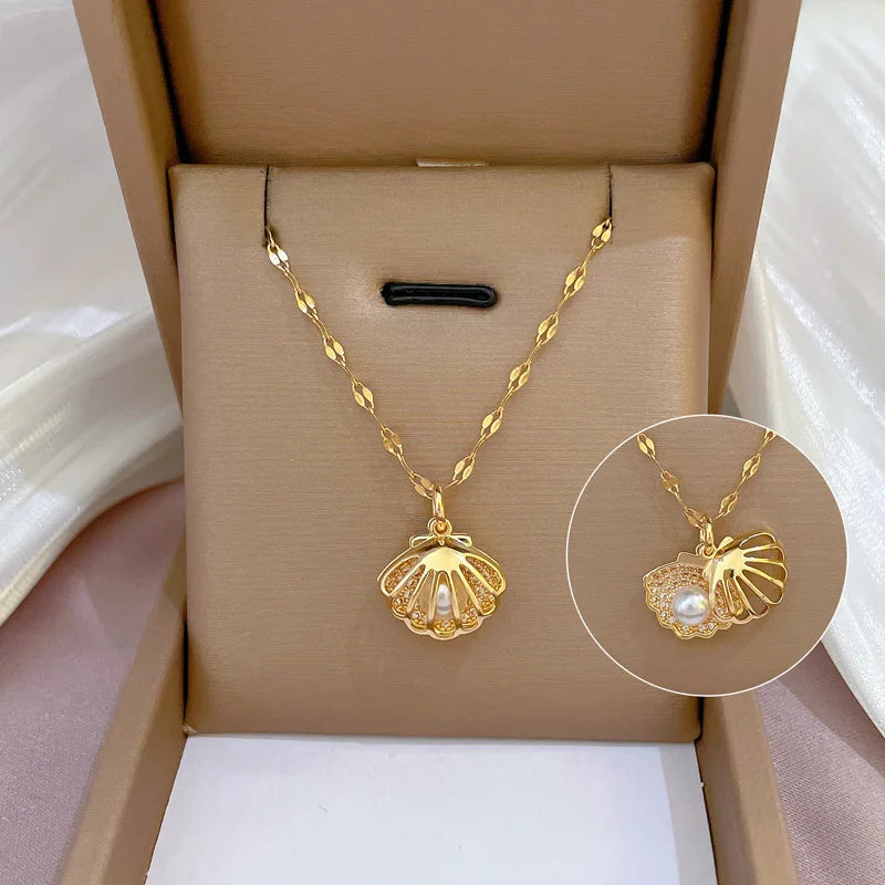 ZAKOL French Shell Pearl Necklace For Women Gold Color Stainless Steel Zircon Love Heart Clavicle Chain Choker Wedding Jewelry