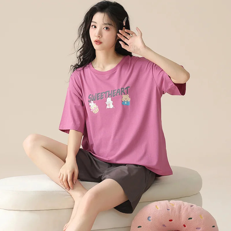 Dropshipping Female Pijamas Cartoon Summer Short Women Pajamas Sleeve Shorts Nightwear Sweet Sleepwear Pyjamas Woman Home Suit