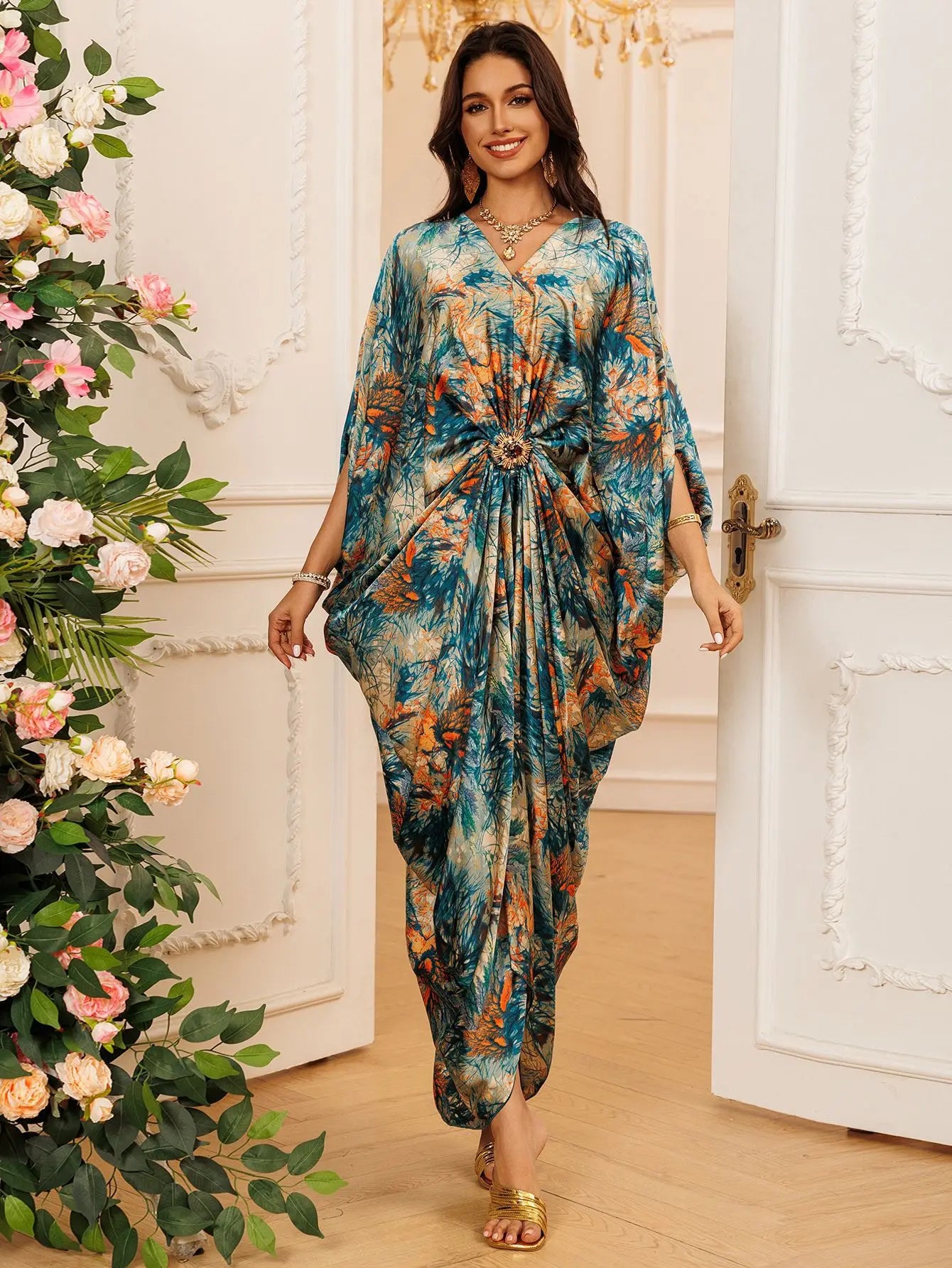 Eid Women Dress Muslim Abaya Print V Neck Party Jalabiya Ramadan Long Dresses Abayas Vestidos Largos Kaftan Arab Long Robe 2025