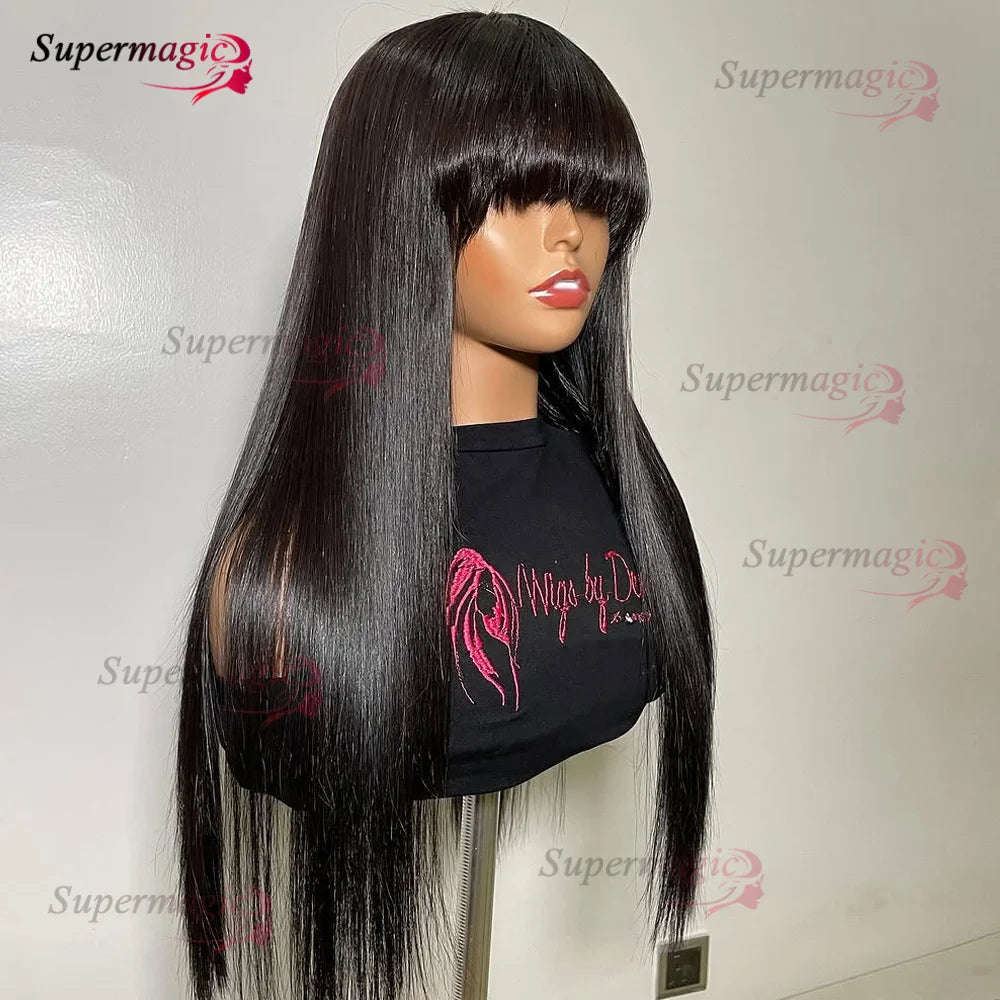 Raw Indian Bone Straight Human Hair With Bangs 4x4 Lace Middle Part Wigs For Black Women Brazilian 30 32 Inch Cheap Glueless Wig