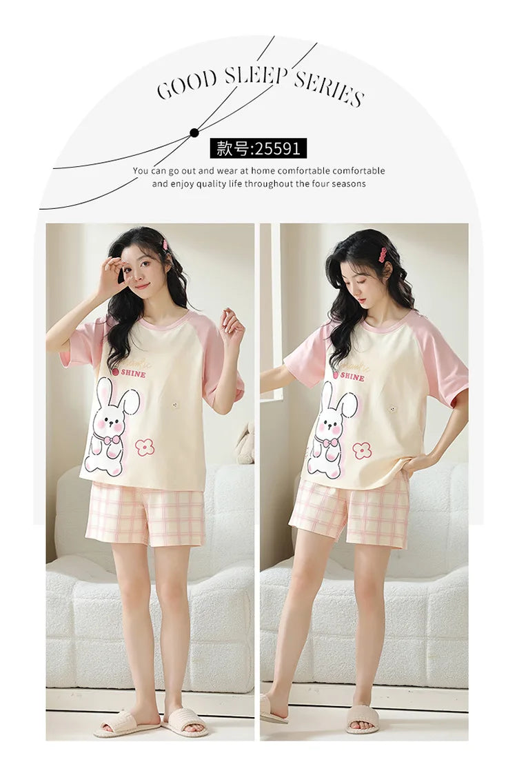 Female Summer Pijamas Short Women Cotton Pajamas Sleeve Shorts Nightwear Sweet Sleepwear Cartoon Pyjamas Woman Home Suit