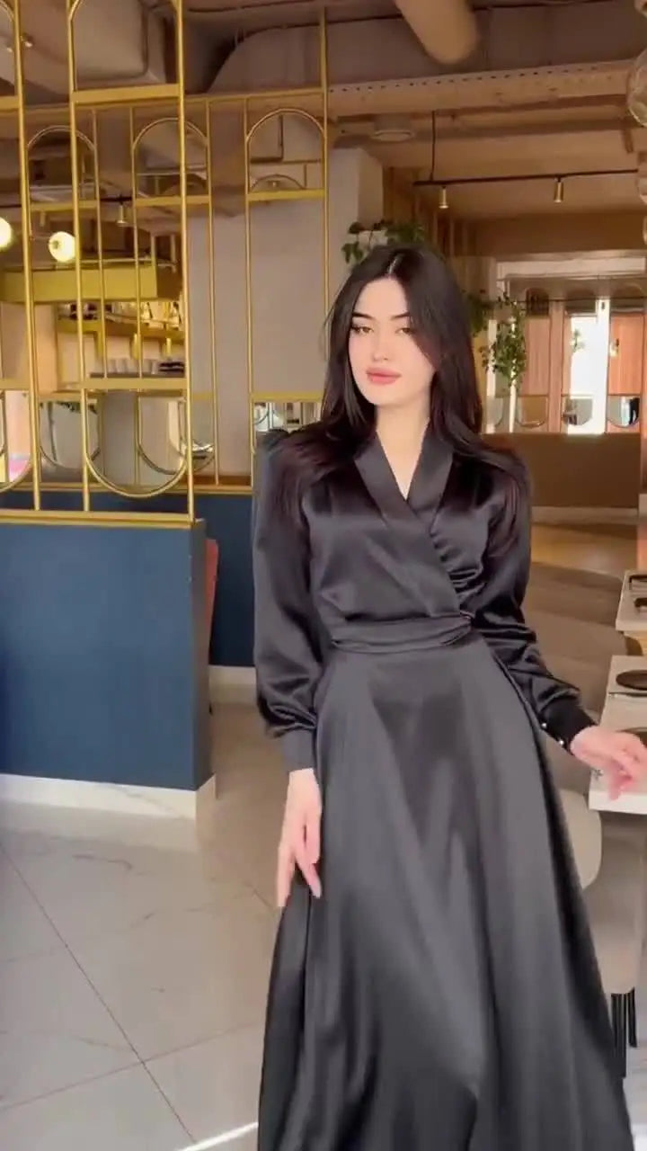 Women's Long Sleeve V-Neck Satin Dress Muslim Robe Dubai Abaya Turkey Party Gown Morocco Arab Clothes Modest Kaftan Fashion