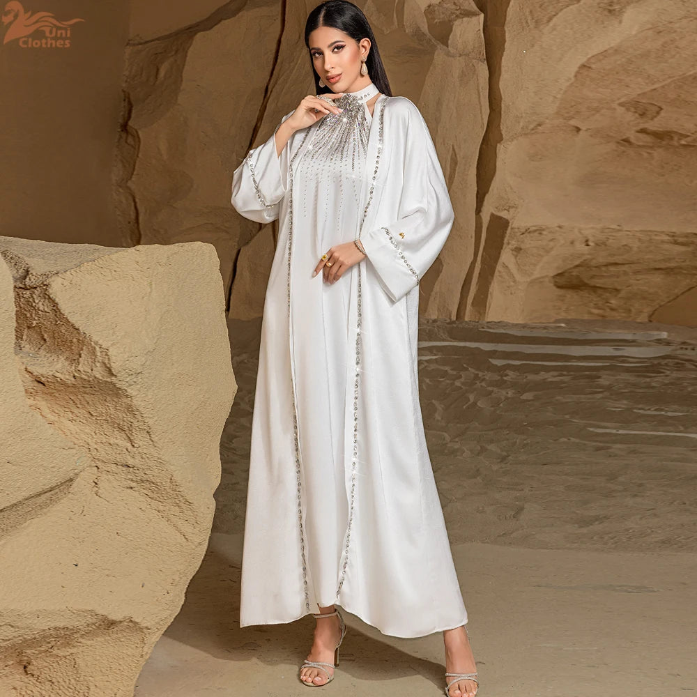 Ramadan White Dubai Satin Evening 2 Piece Set Abaya Muslim Prayer Clothes African Dresses For Women Robe Femme Musulmane Kaftan