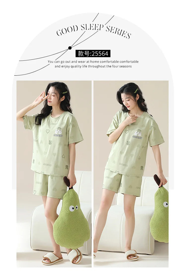 Female Summer Pijamas Short Women Cotton Pajamas Sleeve Shorts Nightwear Sweet Sleepwear Cartoon Pyjamas Woman Home Suit