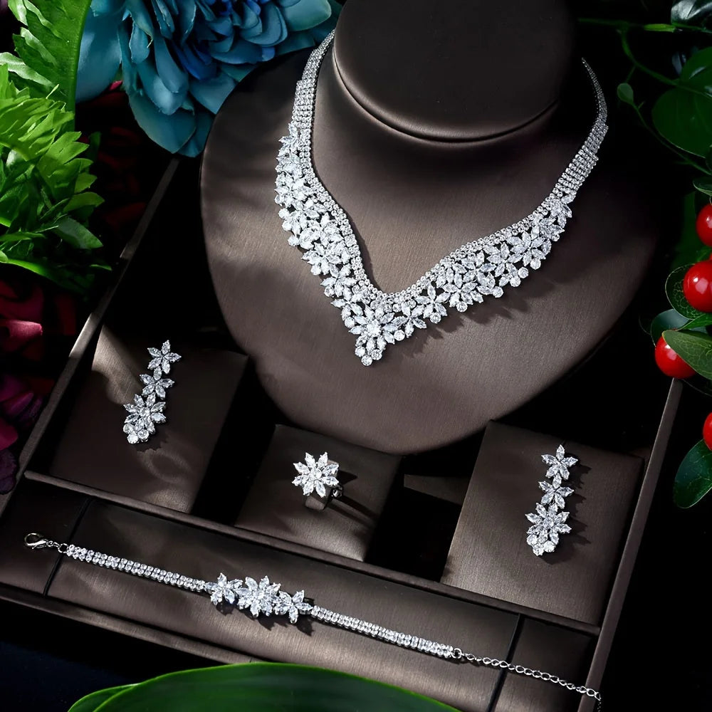 Unique Brilliant Cubic Zirconia Wedding Jewelry Set For Women Geometric African Luxury Bride 4 Piece Holiday Dress S-339